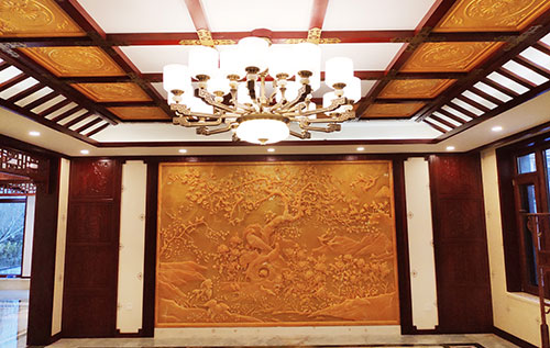北海中式别墅客厅中式木作横梁吊顶装饰展示